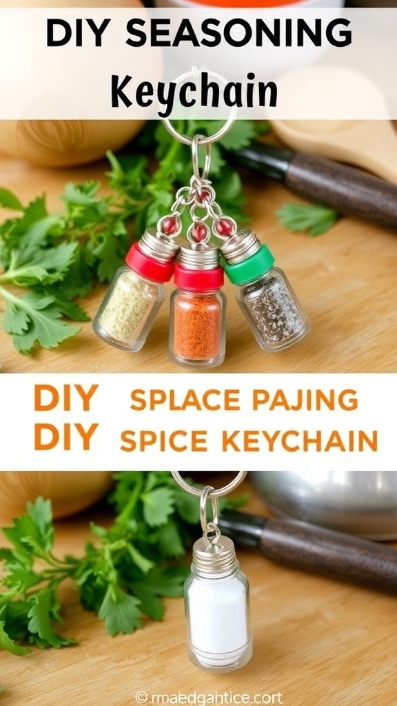 A DIY seasoning keychain with small spice containers filled with spices, displayed on a kitchen counter.